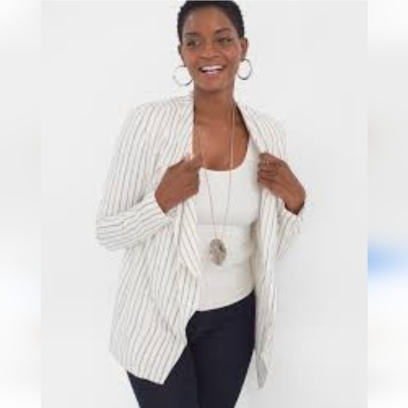 Chico's Stripe Drape Open Front White Black Blazer Long Sleeve Jacket Size 0 - Picture 1 of 11